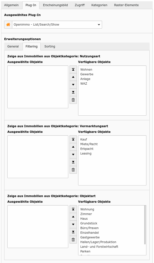 OpenImmo advanced property search - filter settings