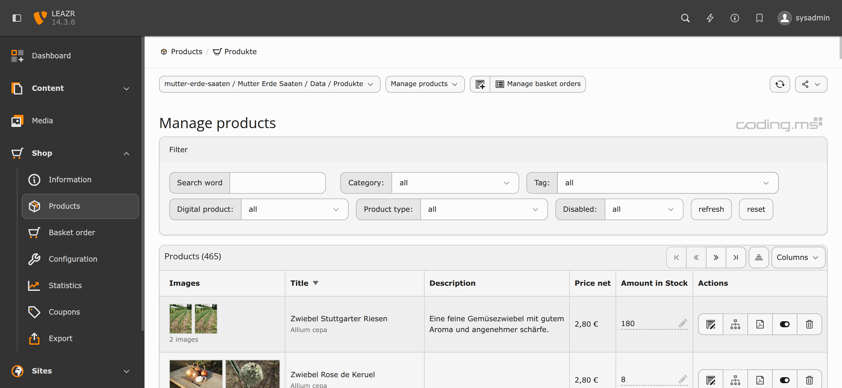 TYPO3 Shop product overview